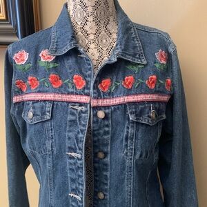 Bill Blass Blue Jean Jacket with Red Floral Embroidery